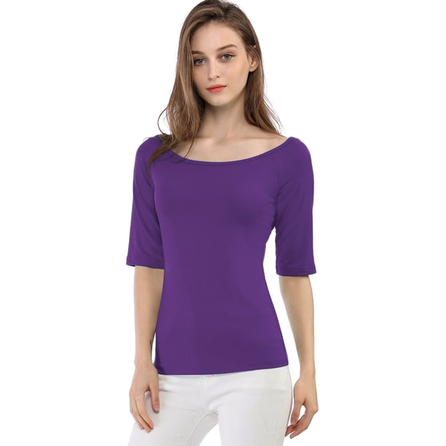 INSPIRE CHIC T-Shirt Ajusté à Manches Mi-Longues à Encolure Dégagée pour Superposition pour Femmes