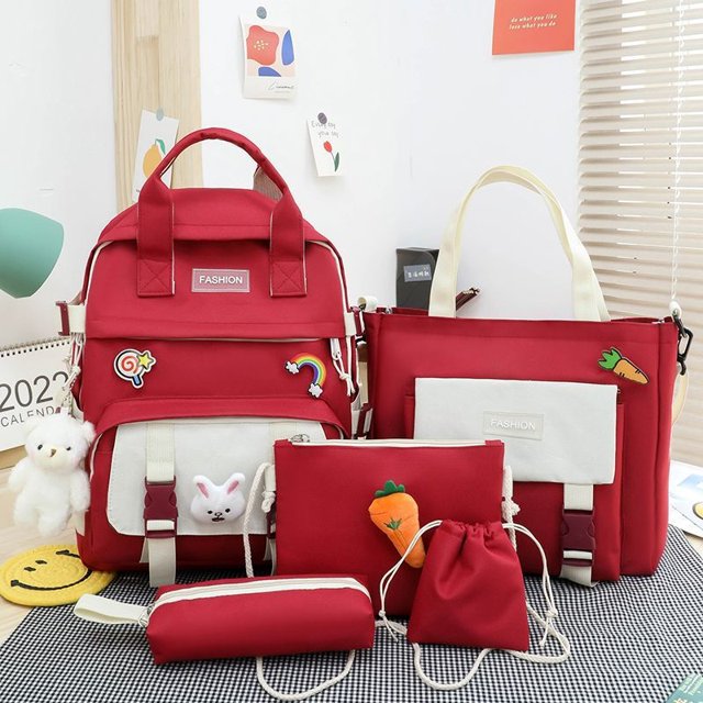 Sac à dos pour Femmes 5 en 1 en Nylon Imperméable Grande Capacité Sacs à dos de Rangement Pendentif Mignon Sac d'École Sacs à dos Multifonctions Sac à dos scolaire