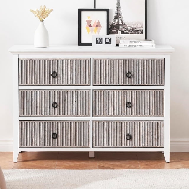 Eastvita Commode de Chambre Moderne à 6 Tiroirs à Cannelures - Armoire de Rangement Multifonctionnelle Anti-Basculement de 47 Pouces de Large avec Poignées Rondes/idéal pour les Couloirs/entrées