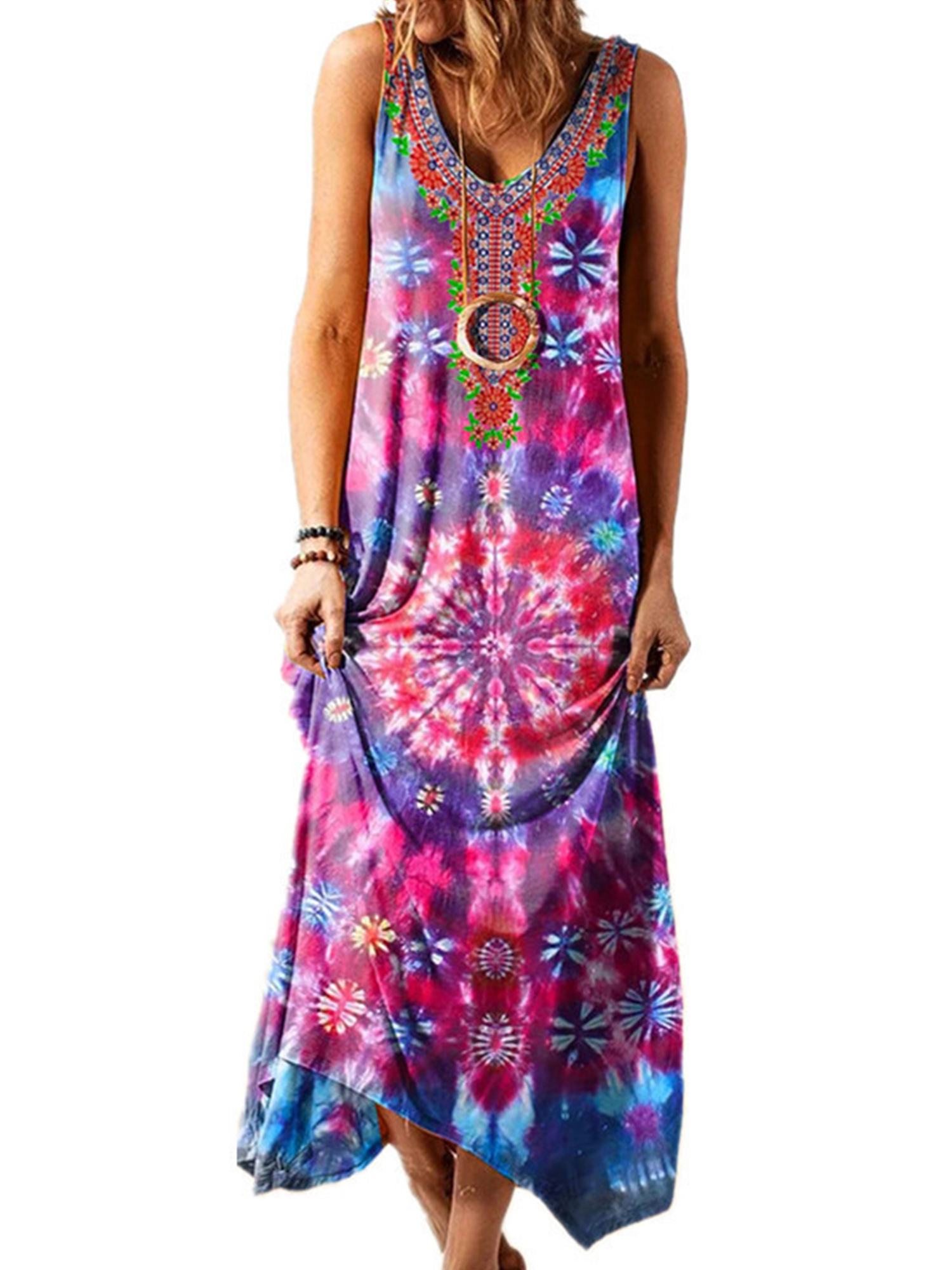 Innerwin Robe Longue à Col en V pour Femmes, Robe d'Été de Plage, Boîte de Nuit, Teinture sur Nœuds, Bohème, Maxi, Rouge, M