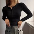thumbnail image 2 of Yuyuzo Womens Long Sleeve Shirts Round Neck Buttons Solid Color Slim Fitted Basic Going out Tops, 2 of 7