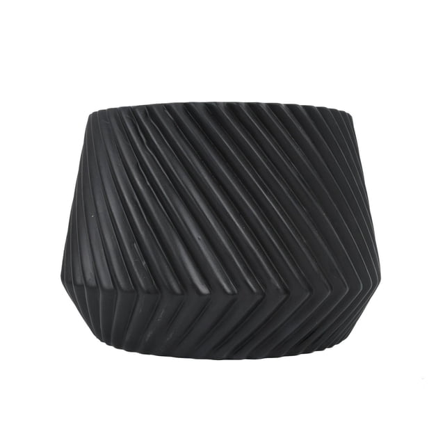 Better Homes & Gardens 8 in Dia Ceramic Twisted Ridge Planter in black ceramic with diagonal twisted ridge texture, 8 inches diameter and 5.5 inches height, features drainage hole with plug, suitable for succulents, small houseplants, or as a decorative holder for candles or pens indoors or outdoors.