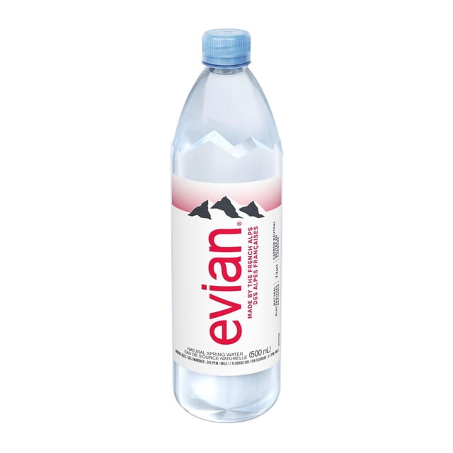 evian natural spring water 500 mL bottle with clear plastic and light blue cap, featuring a white label with red evian logo and black mountain silhouettes, sourced from the French Alps, naturally filtered for balanced minerals and electrolytes, ideal for hydration at home, gym, or on the go.