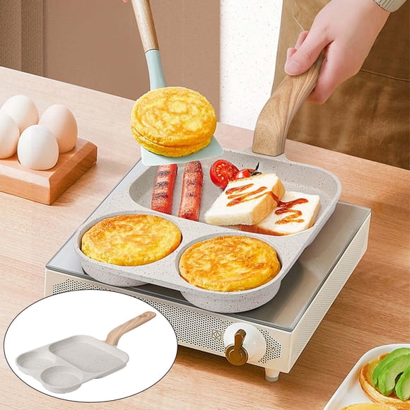 Poêle Antiadhésive pour Omelette / 3 Zones de Cuisson pour Oeufs, Burgers, Viandes / Poêle à Frire Plate Divisée / Fond Composite / Poignée en Bois Froide / pour Gaz, Induction, Céramique / Nettoyage Facile / Blanc