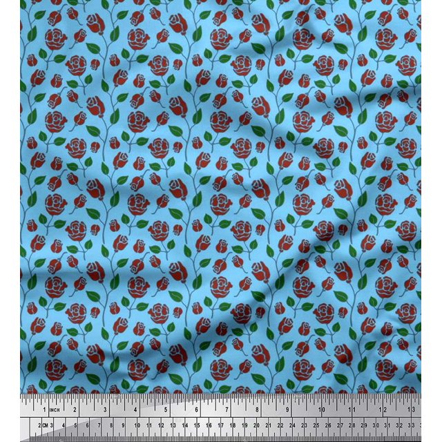 Soimoi Tissu Crêpe polyester Imprimé Feuilles & Roses au Mètre 52 Pouces de Large