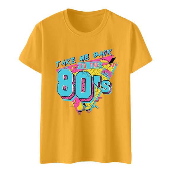 VJATTWR Womens Short Sleeve Tops Women's Summer Fashion Leisure Art 80S Letter Printed Round Neck Short Sleeve Top T Shirt S