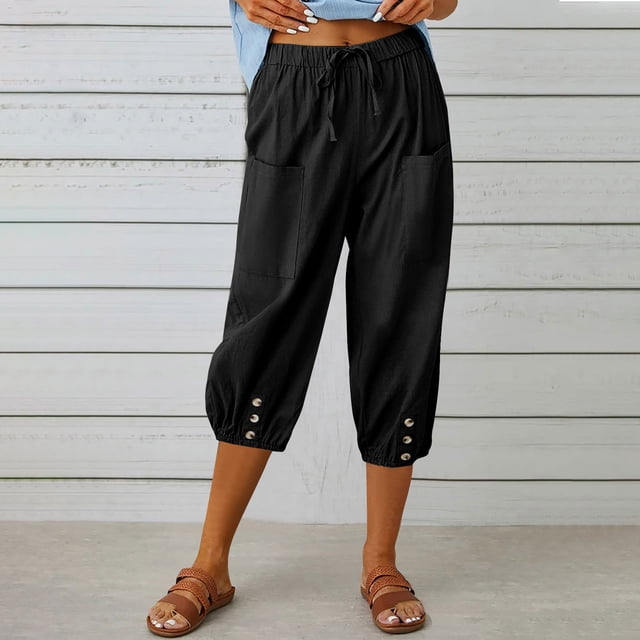 DPTALR Women Summer Casual Loose Bandage Button Pocket Solid Trousers Capris Pants