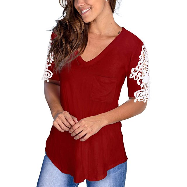 Pompotops T-Shirt en Dentelle à Manches Courtes et Col V pour Femmes