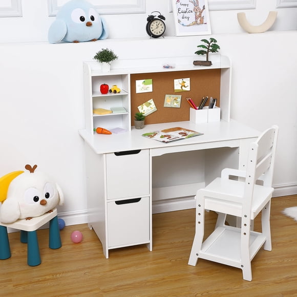 Bingirl Desk and Chair Set Wooden Study Table with Storage Shelves Bulletin Board and Hutch for Homework and Reading