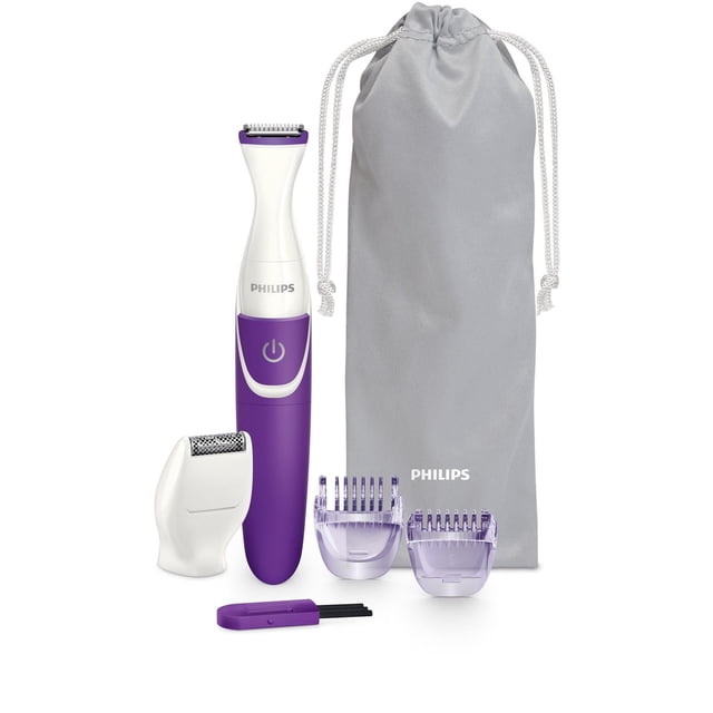 Philips BikiniGenie Trimmer with purple and white ergonomic body, featuring a 0.5 mm precise bikini trimming head, two transparent purple combs for 3 mm and 5 mm hair lengths, mini shaving head, cleaning brush, and grey drawstring pouch with Philips logo for convenient storage.
