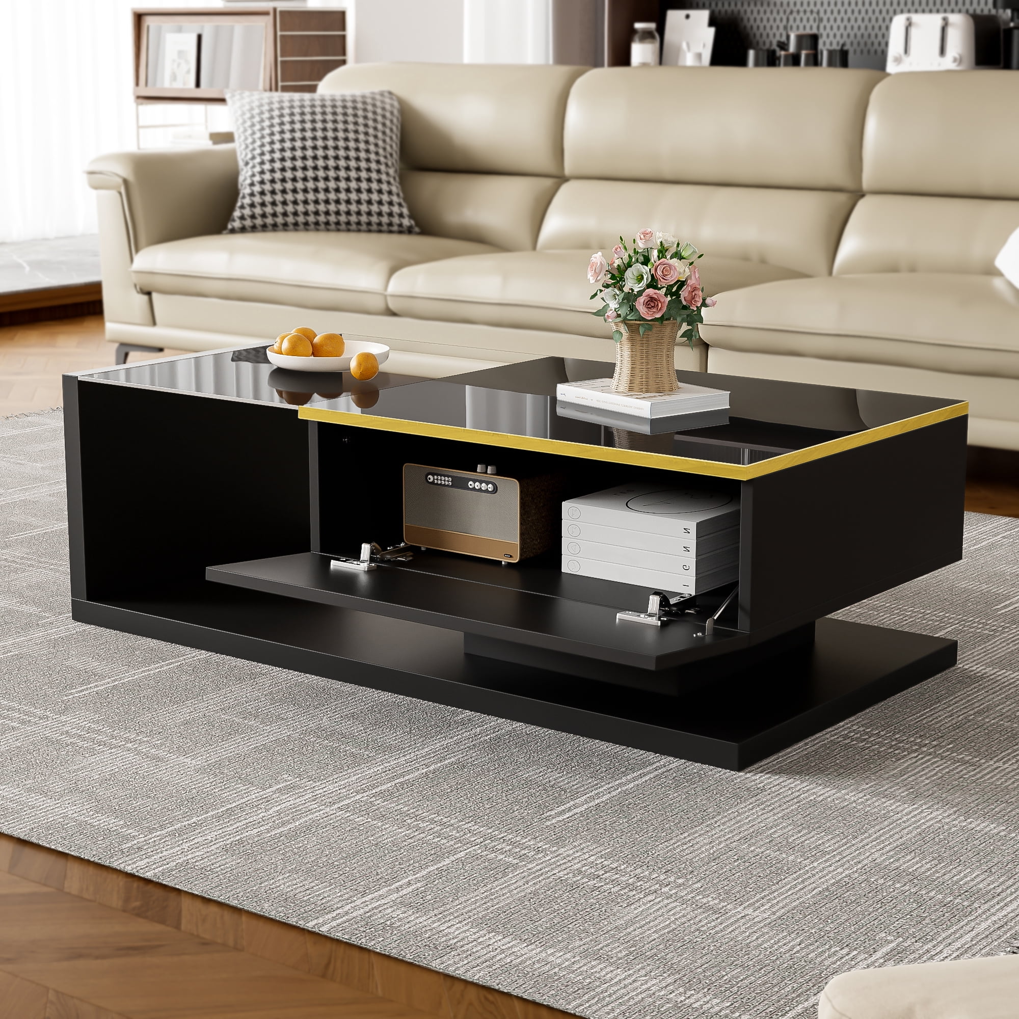 Noble House 39.4" High-Gloss Black Coffee Table, Tempered Glass with Dimmable LED, Storage Compartment & Open Shelves,Black