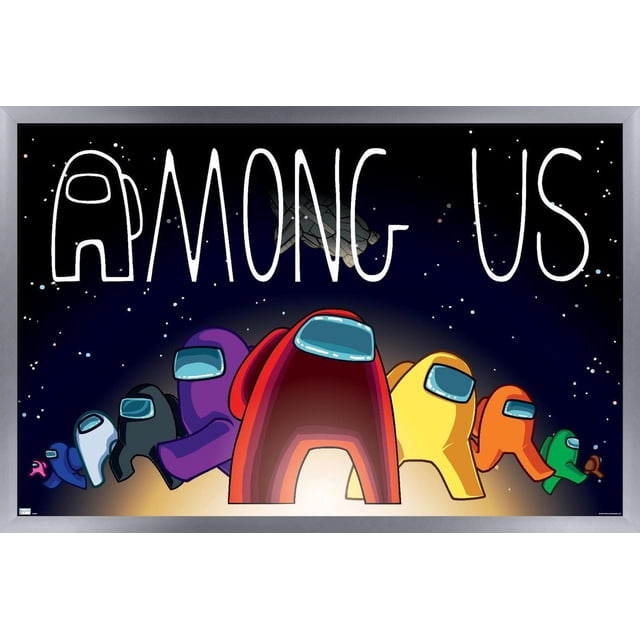 Among Us - Universe Wall Poster, 22.375" x 34" framed featuring colorful crewmate characters from Among Us in a row against a starry space background with a spaceship silhouette and the title 'AMONG US' in white above, ideal for gaming or kid's room wall decor.