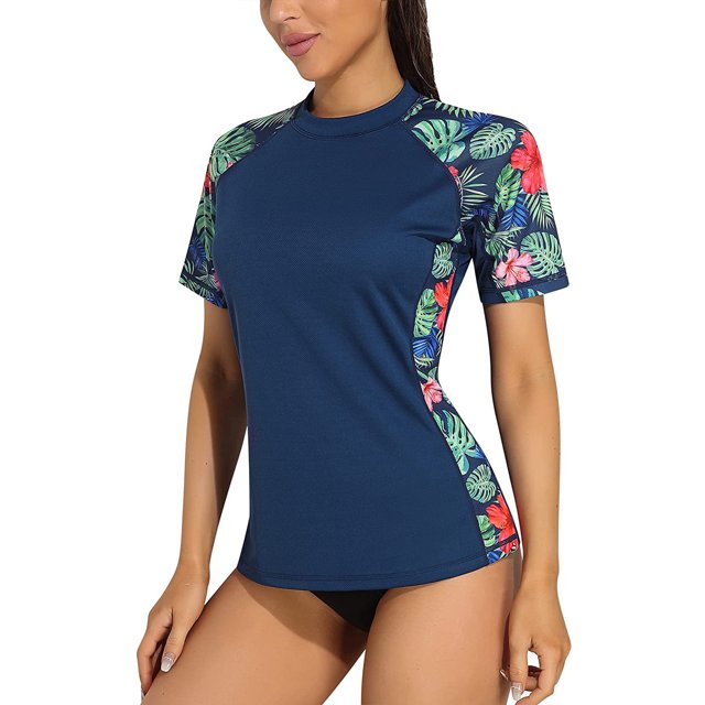 BeautyIn Maillot Dermoprotecteur à Manches Courtes pour Femmes, Chemise de Bain Imprimée Florale UPF 50+