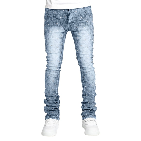 Gupgi Jeans for Men Skinny Rhinestone Denim Pants Streetwear Slim Fit Trousers with Pockets