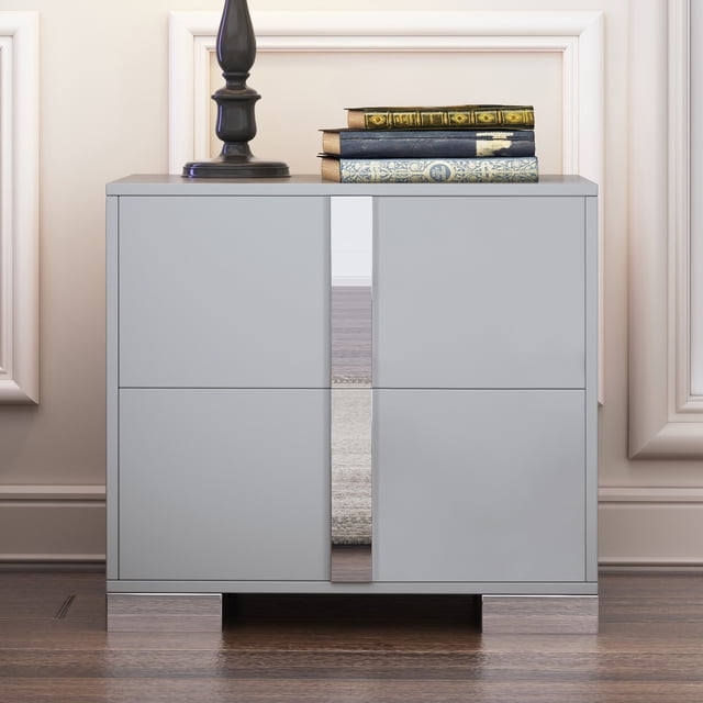 Noble House Elegant Nightstand with Metal Foot, Mirrored Bedside Table,Gray