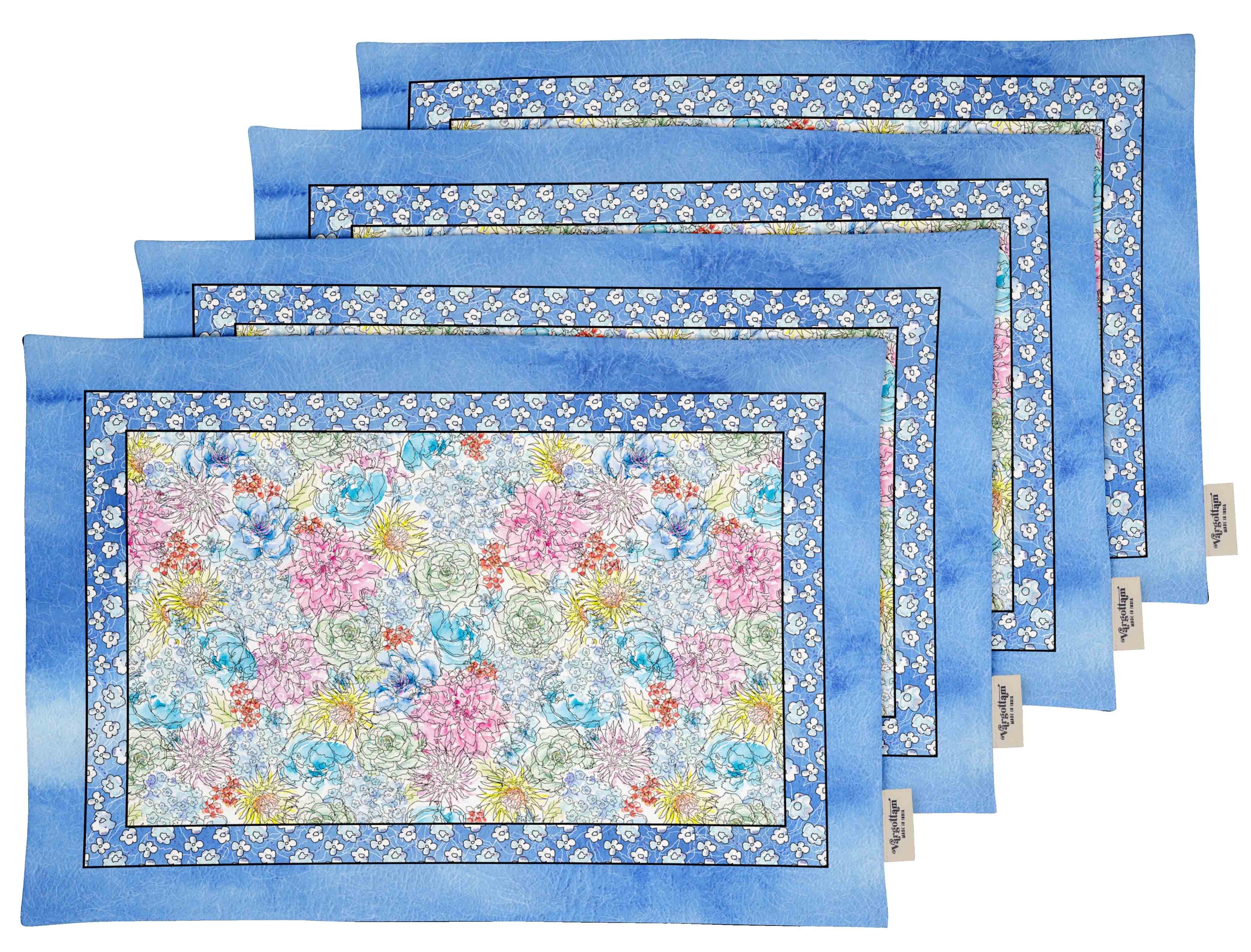 Vargottam Placemats- Placemat For Dining Table, Set Of 4- Printed & Reversible CottonNapkin-IndoorPlacematsFor Home & Kitchen Dining Table- Watercolor Flower (Light Blue)