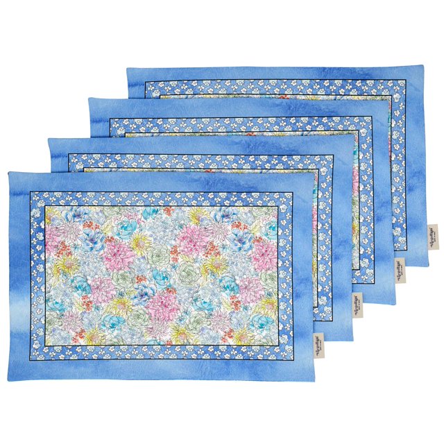 Vargottam Napperons - Napperon pour Table à Manger, Ensemble de 4 - Serviette en Coton Imprimée et Réversible - Napperons d'Intérieur pour Table de Salle à Manger à la Maison et en Cuisine - Fleur Aquarelle (Bleu Pâle)