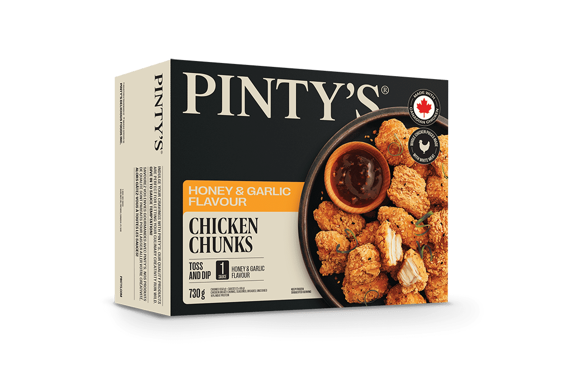 Pintys Honey & Garlic Flavoured Chicken Breast Chunks, Seasoned, Breaded, Uncooked, Pintys Honey & Garlic Flavoured Chicken Breast Chunks