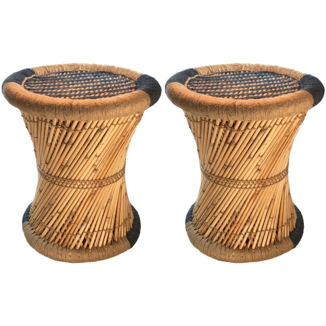 Natural Geo Moray Tabouret d'Appoint (Ensemble de 2) - Tissé à la Main, Rayé Bleu