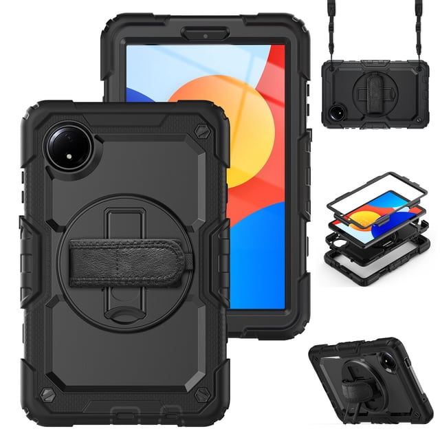 XYX For Xiaomi Redmi Pad SE 8.7 inch 2024, 360 Rotating Shockproof Cover with Stand, Screen Protector, Shoulder Strap, Black