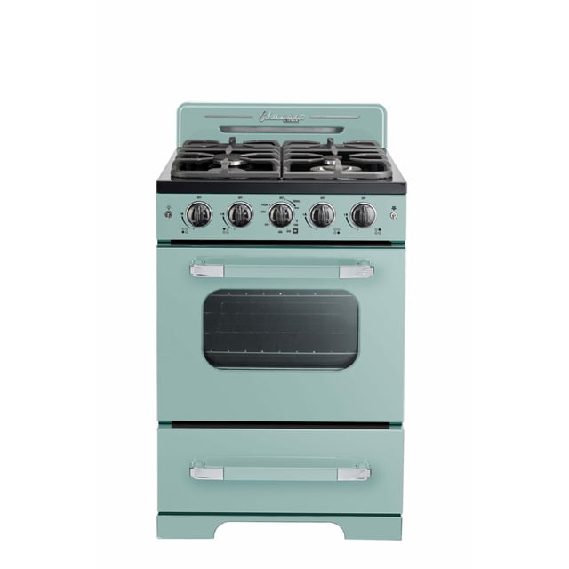 Classic Retro 24" Freestanding Gas Range with Convection Oven in Ocean Mist Turquoise. Compact design with retro-inspired metal siding, zinc handles, and easy-to-use controls. Features high-quality sealed burners, a waist-high broiler, and continuous cast-iron grates for smooth cookware movement. Ideal for smaller kitchens, cabins, or retro-themed spaces.