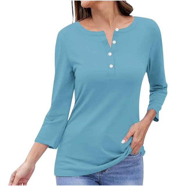 Timegard Tops for Women Long Sleeve Notched V-Neck Button Shirts Solid Color Fall Casual Loose Comfy Tops