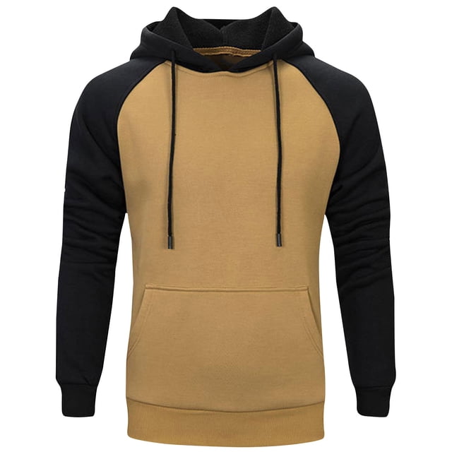 Men Hoodies Color Block Patchwork Blend Fleece Pullover Kanga Pocket Sweatshirts