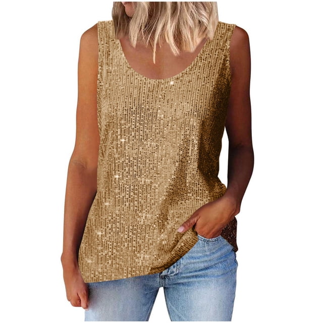 Plebaso Débardeurs à Paillettes à Col Ras du Cou pour Femmes, Hauts Sans Manches Scintillants, Débardeurs de Mode pour Fêtes, Tenue de Boîte de Nuit