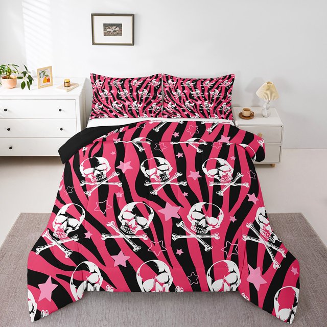 Erosebridal Gothic Skull Bedding Twin Comforter Set,Abstract Stripes Down Comforter,Stars Bedroom Decor,Reversible,Lightweight,2-Piece