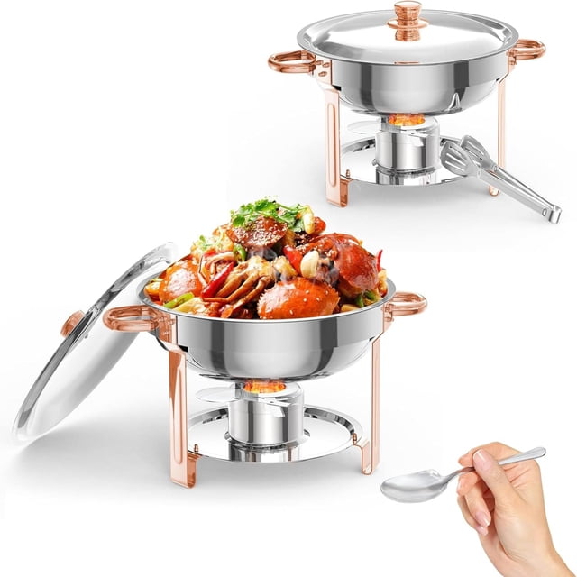 Ourlova Réchaud de Buffet en Acier Inoxydable 201 Rose Doré 5 L, Ensemble de 2, avec Support de Carburant à Cadre Détachable