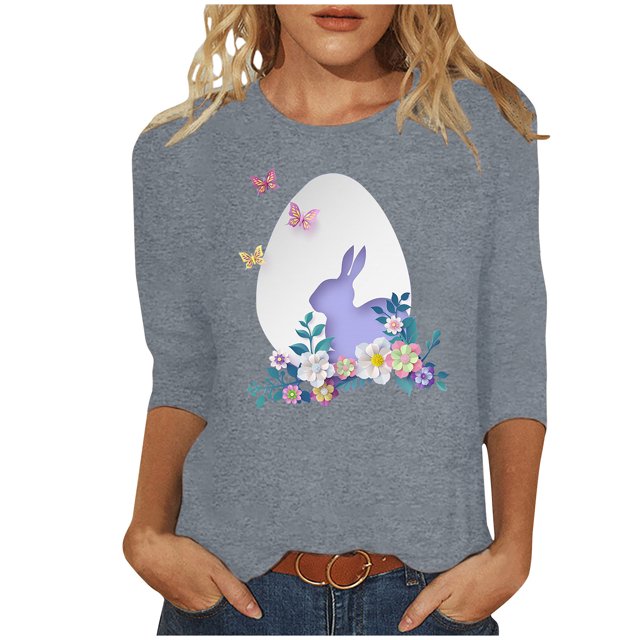 RKSTN Womens Tops Easter Cute Bunny Printed Loose Fit Tops Round Neck 3/4 Sleeve Spring Summer Soft Blouse Tops