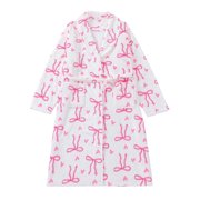 JGJNFE Robes for Women,Womens Pajamas,Women Fleece Turndown Collar Bow Print Bathrobe with Waist Tie and Pocket Long Sleeves for Cozy Loungewear Pink S