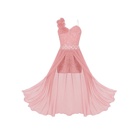 Kaerm Kids Girls Applique One Shoulder Wedding Flower Maxi Dress Birthday Party Evening Dance Gown Orange Pink 6