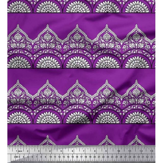Soimoi Moss Georgette Fabric Leaves & Floral Block Printed Fabric 1 Yard 42 Inch Wide