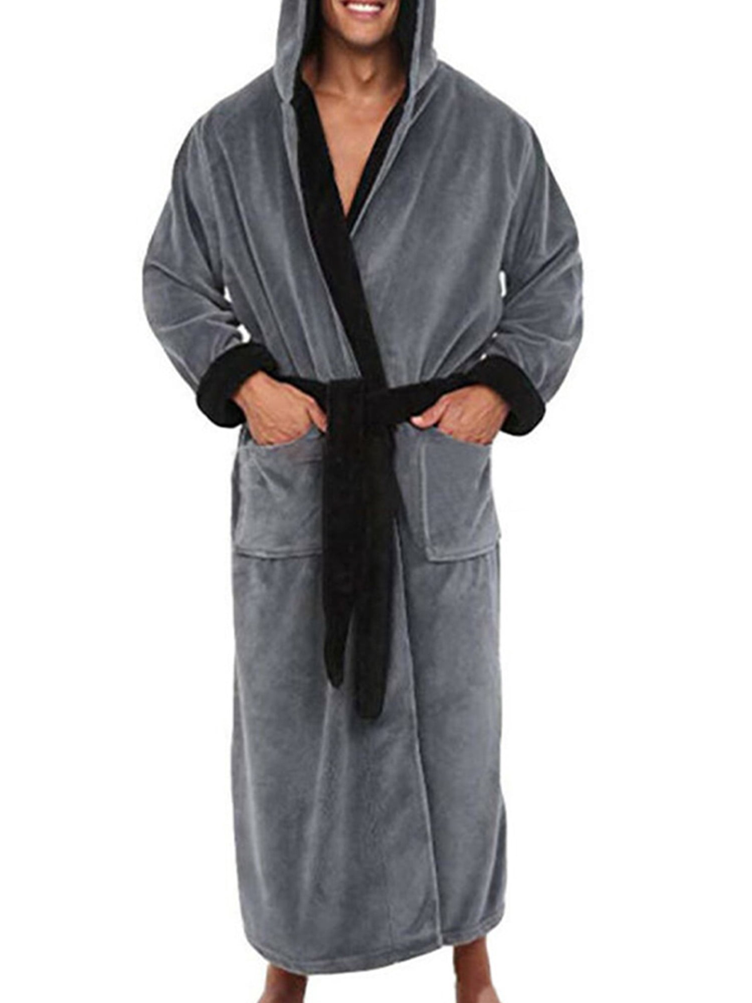 MAWCLOS Men Wrap Robe Long Sleeve Dressing Gown Solid Color Bath Robes Warm Night Hooded Towelling Gray Black 5XL