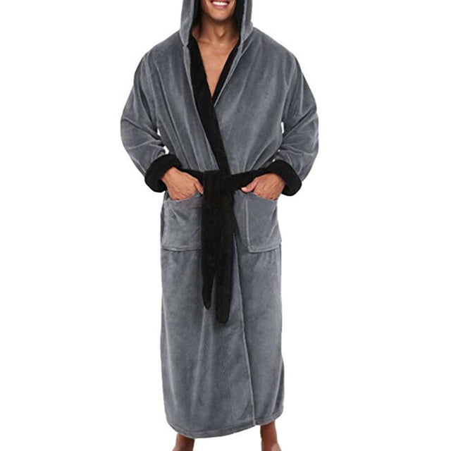 Innerwin Dressing Gown Solid Color Men Wrap Robe Home Hooded Thicken Plush Bath Robes Gray Black L