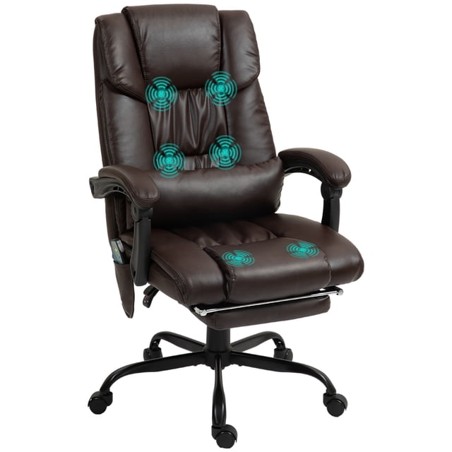 Vinsetto Chaise de Bureau de Massage par Vibration à 6 points avec Repose-Pieds Télécommande en Similicuir Brun. Comprend six points de Massage par Vibration avec Cinq modes et Deux Intensités, un angle d'Inclinaison de 130°, et un Repose-Pieds Rétractable pour un Confort Accru. Comprend un Dossier Courbé, un Siège Épais Rembourré et une Hauteur de Siège Réglable. Livré avec une Télécommande Filaire et une Pochette Latérale pour le Rangement. Roues Pivotantes et Siège Offrent une Mobilité Facile. Dimensions : 26 Pouces de Large, 29,5 Pouces de Profondeur, et Hauteur Réglable de 44,1 à 48 Pouces