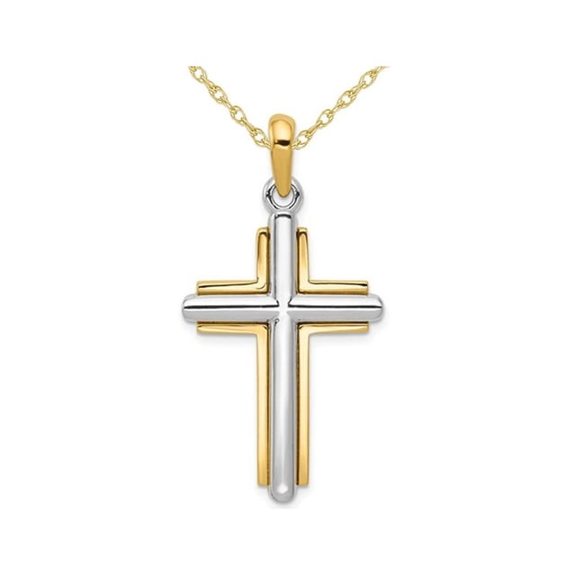Collier Pendentif Croix en Or Jaune et Blanc 14K avec Chaîne