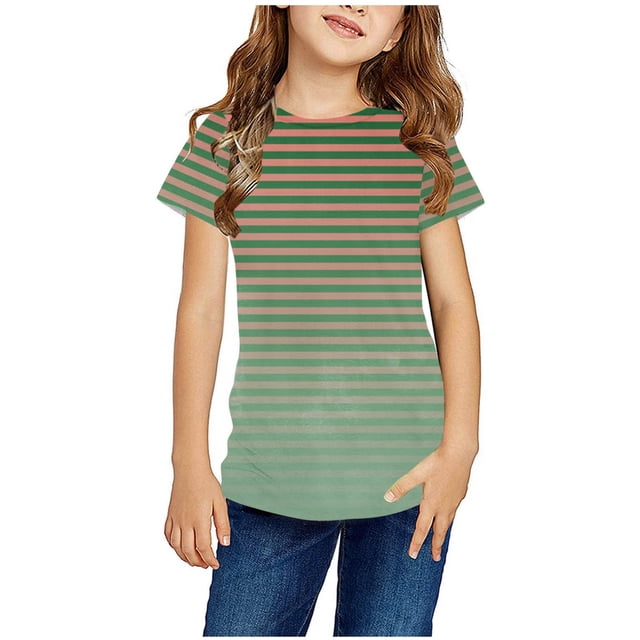 WRKEKC T-Shirts pour Filles, Hauts d'Été pour Filles, T-Shirts d'Été Décontractés pour Filles à Col Rond avec Imprimé Rayé Dégradé, Manches Courtes Tendance et Respirants