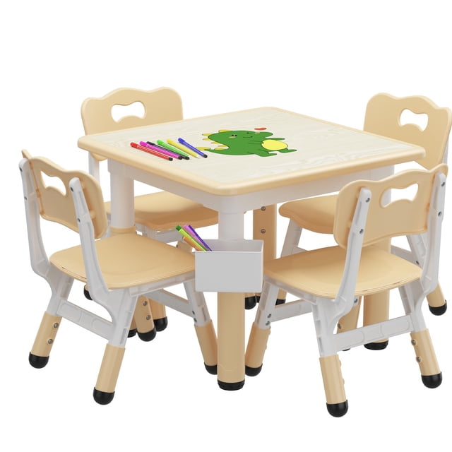 Kids Table and 4 Chairs Set, Height Adjustable Toddler Table and Chair Set, Graffiti Desktop, Children Multi-Activity Table for Classroom/Daycare/Home