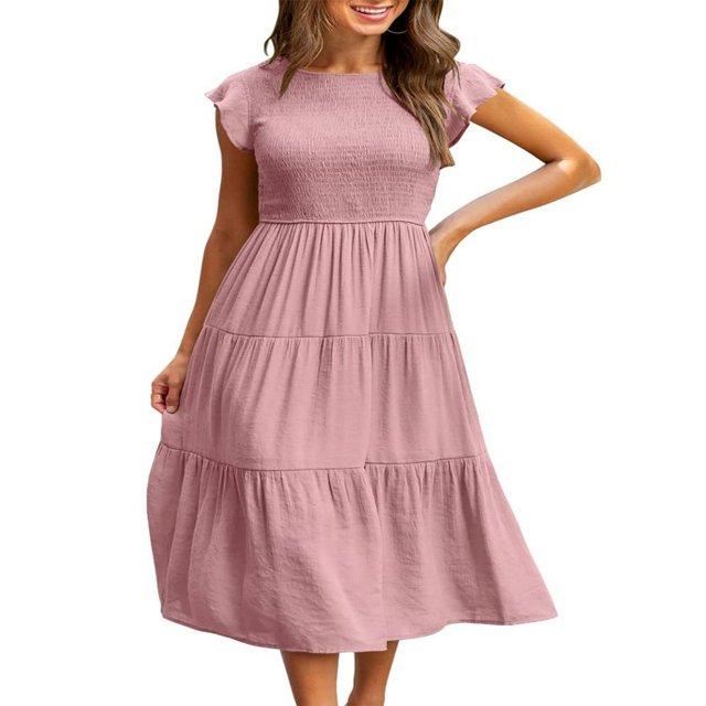 Robe Midi à Manches Courtes Volantées Froncée pour Femme, Été, Décontractée, à Volants, Ligne A, Orange, P