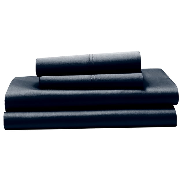 Hometrends Ensemble de Draps 100 % Coton, 400 Fils - Satin Bleu Marine Foncé, Drap Plat Plié, Drap-Housse et Taies d'Oreiller Empilées, avec Tissu Satin de Coton Lisse et Respirant, Technologie d'Ajustement à Prise Véritable pour Matelas jusqu'à 15 Pouces de Profondeur, Résistant aux Plis et à la Décoloration.