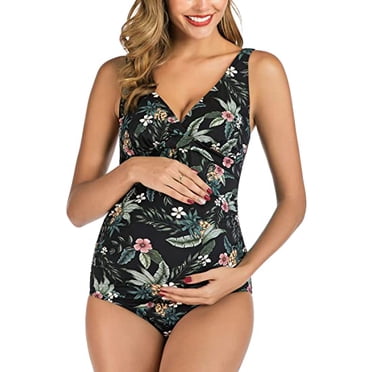 Maternity Floral Swimsuits One Piece Bathing Suits V-Neck Pregnancy Swimwear Bikini Black (L