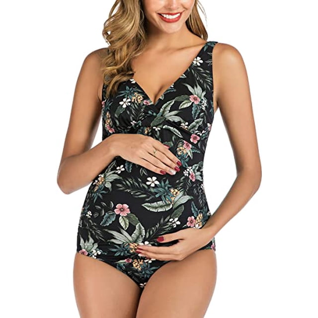 ZECATL Maternity Floral Swimsuits One Piece Bathing Suits V-Neck Pregnancy Swimwear Bikini Black (L