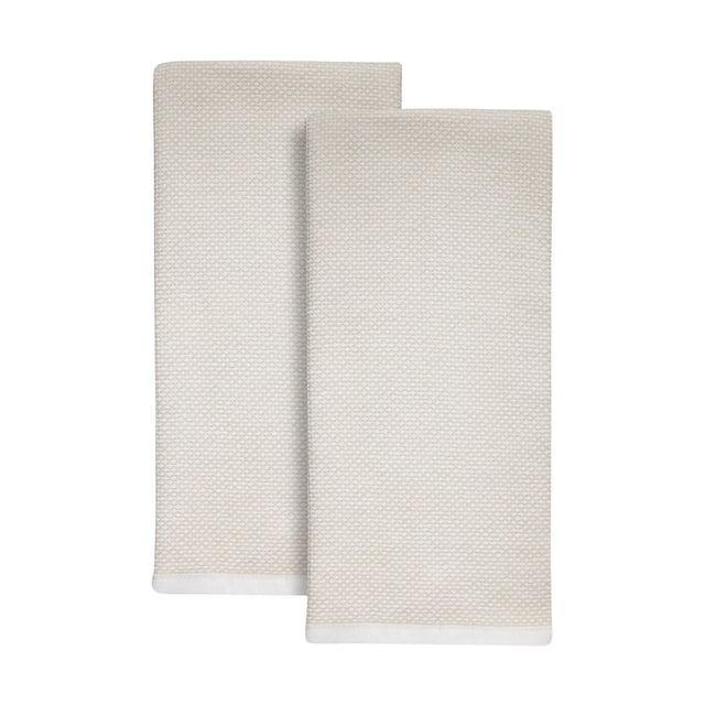 Better Homes & Gardens 2pk Kitchen Towel set with two oversized 100% cotton woven towels in beige featuring a subtle textured pattern, each measuring 30 by 20 inches, suitable for drying dishes, wiping countertops, and absorbing spills.