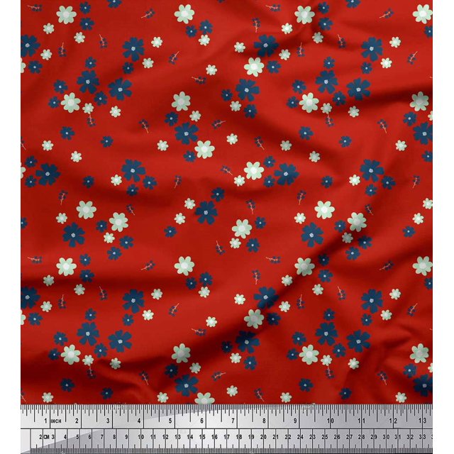 Soimoi Red polyester Crepe Fabric Artistic Floral Printed Craft Fabric by the Yard 52 Inch Wide