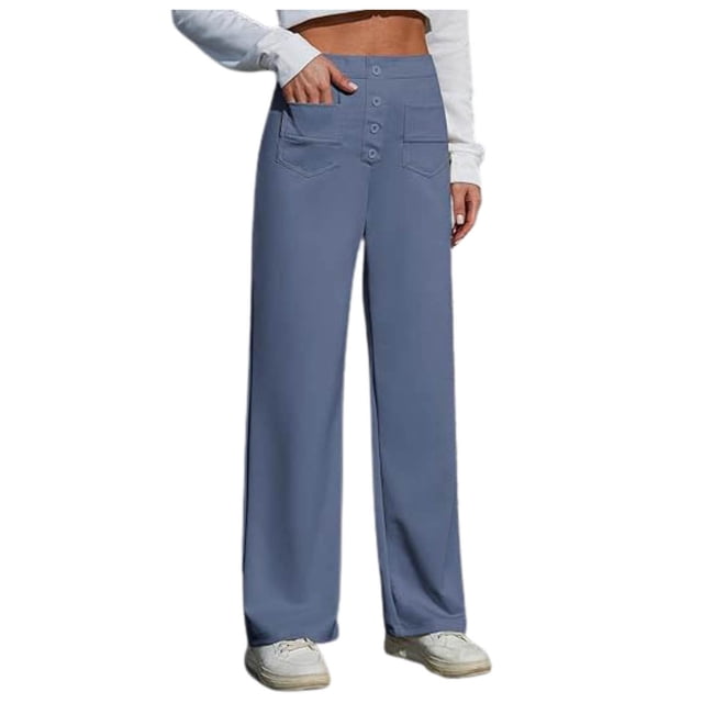 Women's Work Pants - High Elastic Waisted Trousers - Straight Wide Leg Button Down Casual Pants