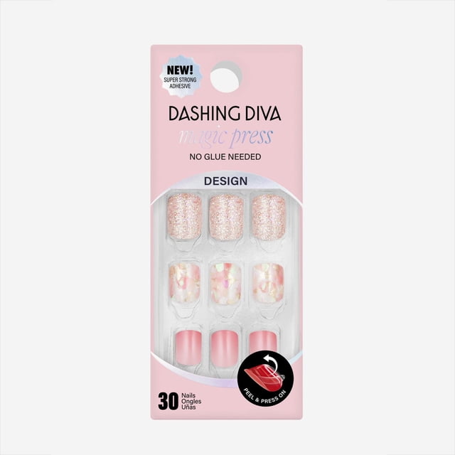 DASHING DIVA - MAGIC PRESS - PINK PASSION medium length square-shaped glossy press-on gel nails in pink with glitter and iridescent mosaic accents, featuring pressure-sensitive adhesive for no-glue application, waterproof and chip-proof for up to 10 days, displayed in packaging with 30 nails, also suitable for quick nail art touch-ups.