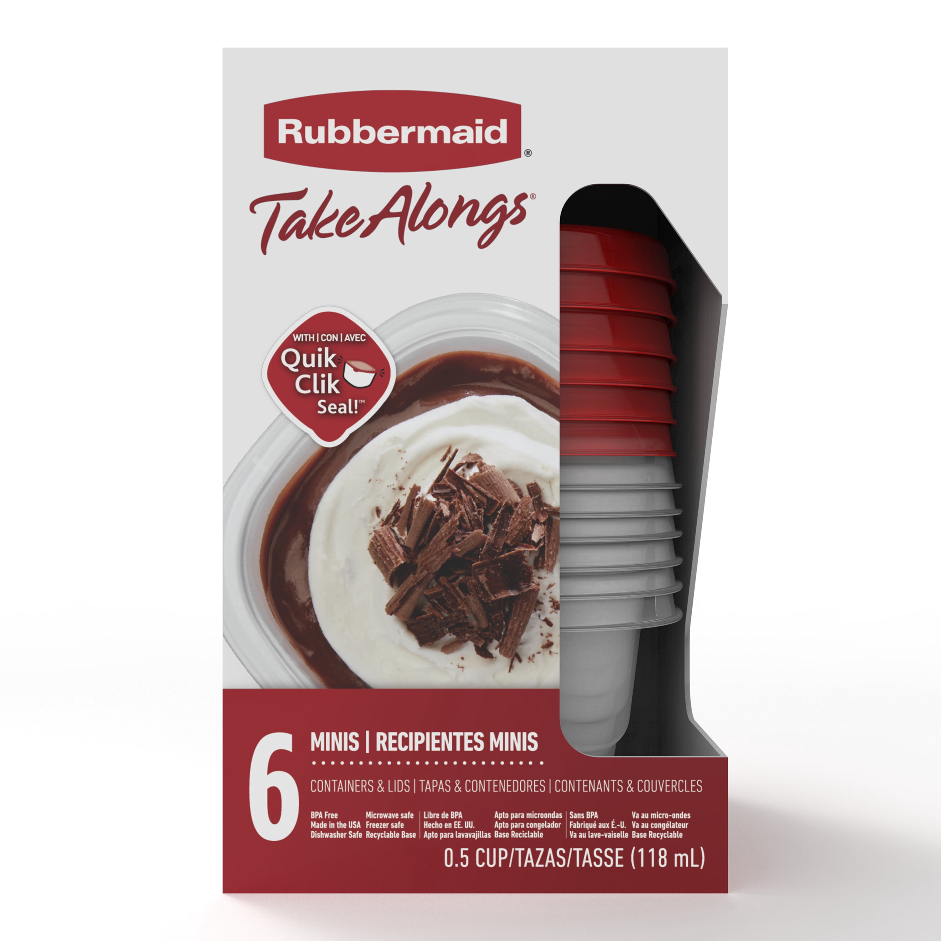 Rubbermaid TakeAlongs Mini Deep Square Food Storage Containers, 118 mL (0.5 Cup), Ruby Red, 6 Pack
