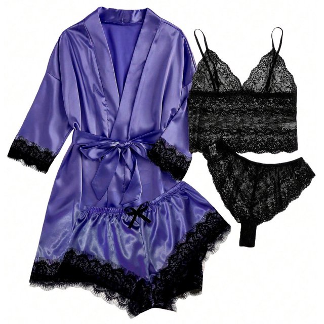 LSLJS 4PC Women Sexy Garter Lingerie Set Robes Lace Bodysuit Deep-V Neck Underwear
